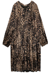Women Leopard Print Oversized Silk Velour Holiday Dress Spring