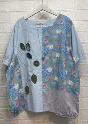 Women Light Blue Asymmetrical Print Patchwork Cotton T Shirts Short Sleeve