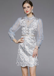 Women Light Blue Bow Jacquard Patchwork Tulle Party Dress Fall