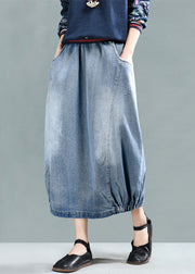 Women Light Blue Elastic Waist Patchwork Cotton Denim Skirt Spring