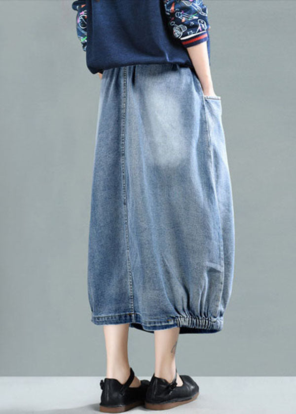 Women Light Blue Elastic Waist Patchwork Cotton Denim Skirt Spring
