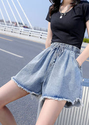 Women Light Blue Elastic Waist drawstring Asymmetrical Pockets Cotton Denim Short Pants Summer
