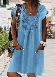 Women Light Blue O Neck Wrinkled Patchwork Denim Dress Summer
