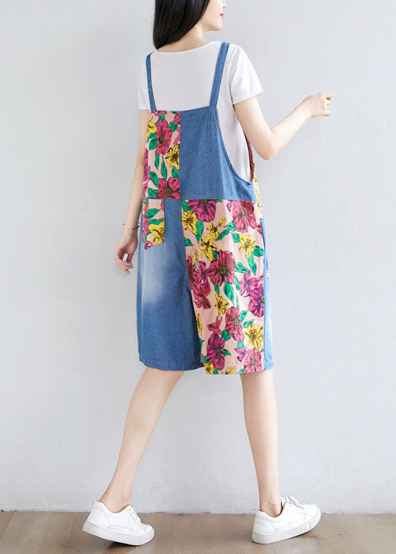 Women Light Blue Patchwork Print Cotton Overalls Jumpsuit Shorts Summer