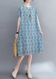 Women Light Blue Print Draping Chiffon Holiday Dress Summer