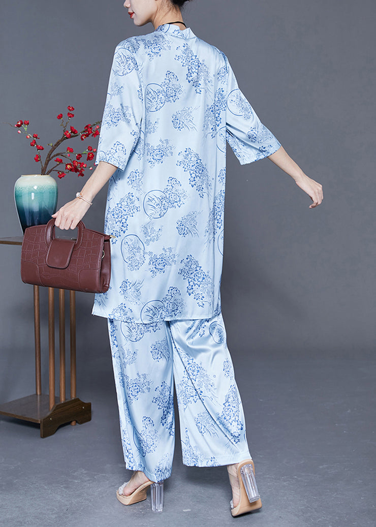 Women Light Blue Print Draping Chinese Style Silk Two Pieces Set Summer
