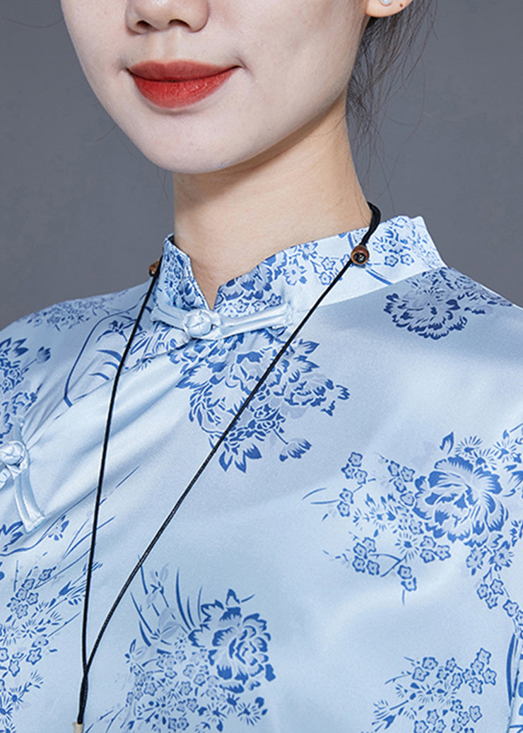 Women Light Blue Print Draping Chinese Style Silk Two Pieces Set Summer
