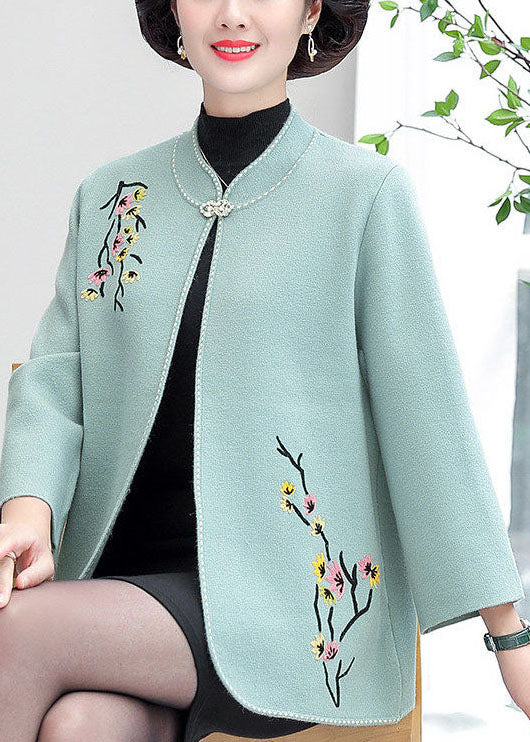 Women Light Blue Stand Collar Embroidered Woolen Cardigans Long Sleeve