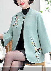 Women Light Blue Stand Collar Embroidered Woolen Cardigans Long Sleeve