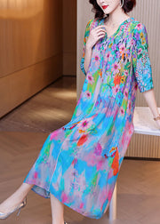 Women Light Blue V Neck Patchwork Print Silk Maxi Dresses Half Sleeve