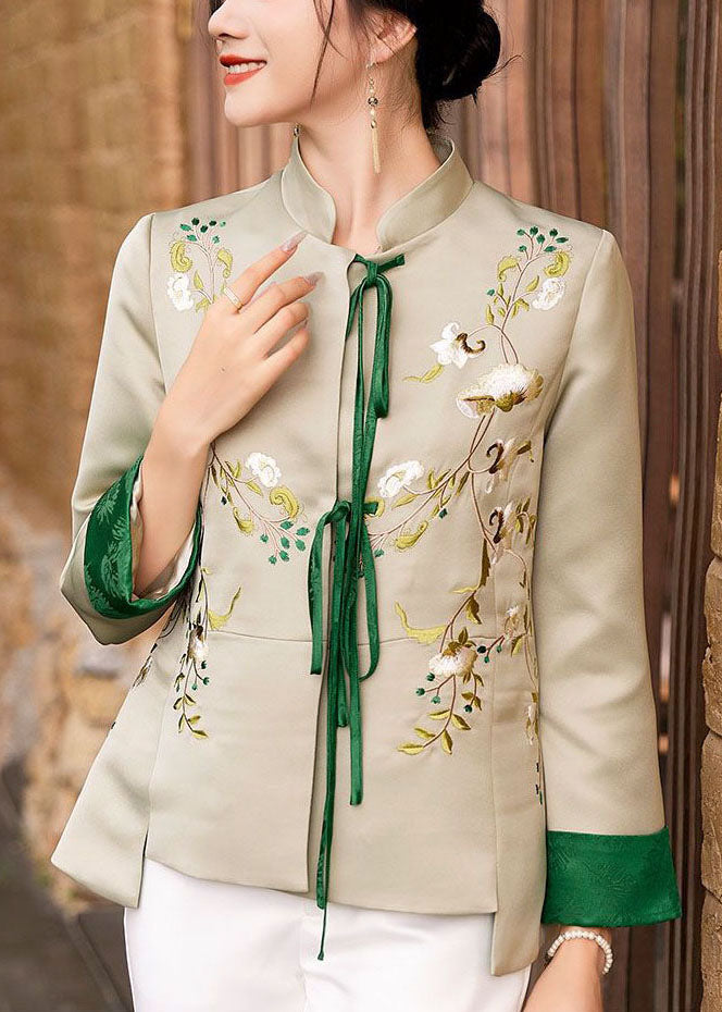 Women Light Green Embroidered Lace Up Silk Coat Spring
