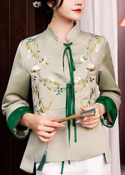 Women Light Green Embroideried Lace Up Silk Coat Spring