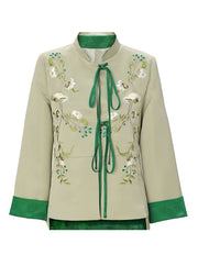 Women Light Green Embroideried Lace Up Silk Coat Spring