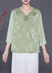 Women Light Green Jacquard Chinese Button Silk Blouses Bracelet Sleeve