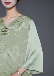 Women Light Green Jacquard Chinese Button Silk Blouses Bracelet Sleeve