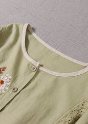 Women Light Green O-Neck Embroidered Patchwork Dress Spring