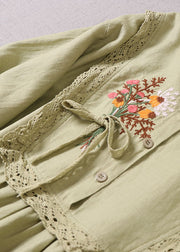 Women Light Green O-Neck Embroidered Patchwork Dress Spring