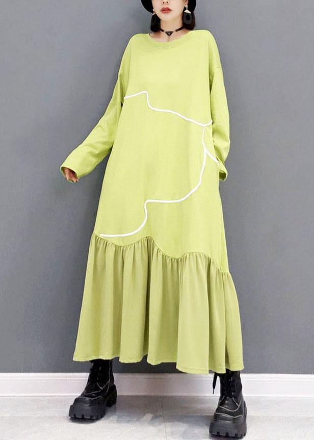Women Light Green O-Neck Patchwork Holiday Dress Fall Long Sleeve - SooLinen