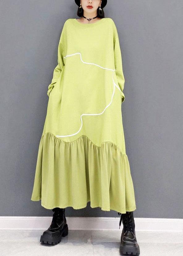 Women Light Green O-Neck Patchwork Holiday Dress Fall Long Sleeve - SooLinen