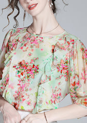 Women Light Green O-Neck Ruffled Print Silk Shirts Half Sleeve