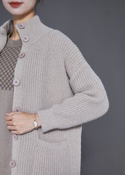 Women Light Grey Button Down Warm Knit Coats Fall