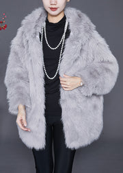 Women Light Grey Hooded Warm Faux Fur Jackets Winter
