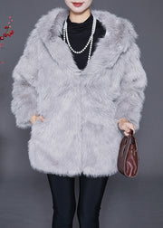 Women Light Grey Hooded Warm Faux Fur Jackets Winter
