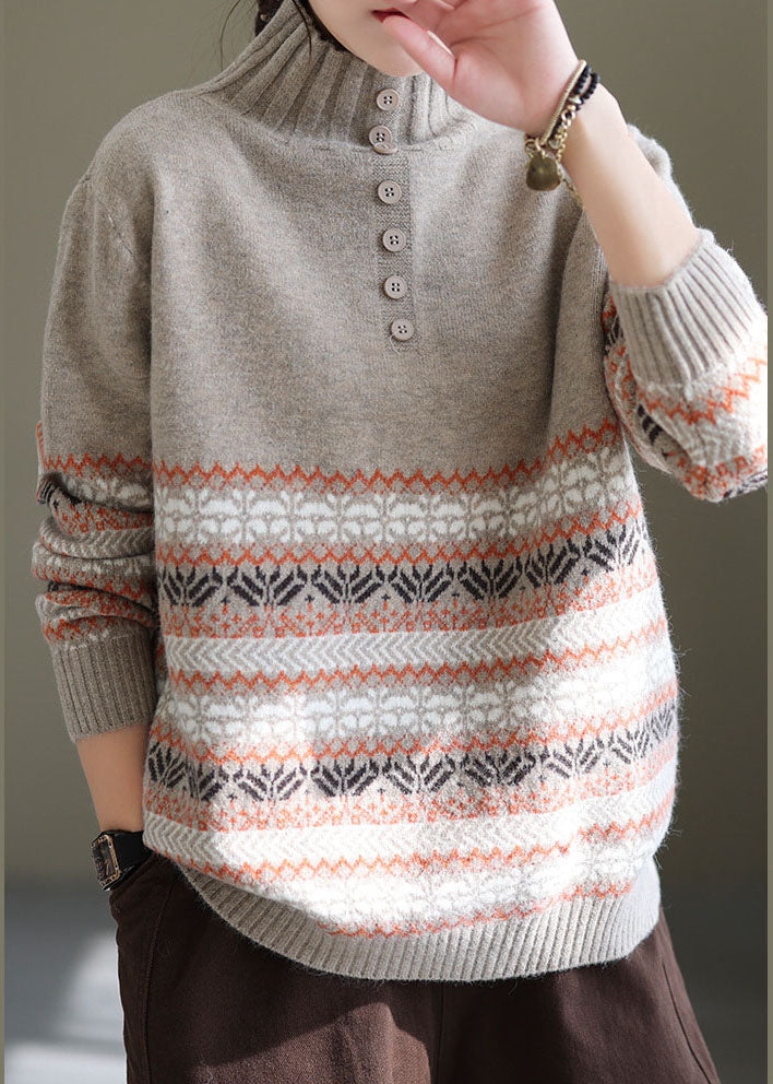 Women Light Grey Oversized Print Thick Knit Sweater Spring
