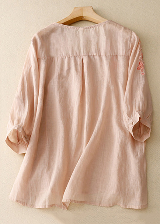 Women Light Pink Embroideried Side Open Linen Tops Spring
