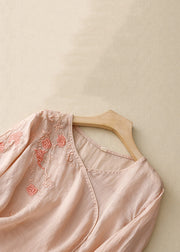Women Light Pink Embroideried Side Open Linen Tops Spring
