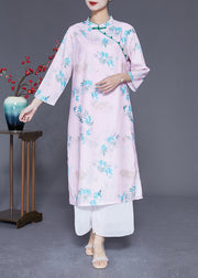 Women Light Pink Mandarin Collar Print Cotton Dresses Bracelet Sleeve
