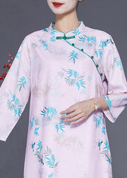 Women Light Pink Mandarin Collar Print Cotton Dresses Bracelet Sleeve