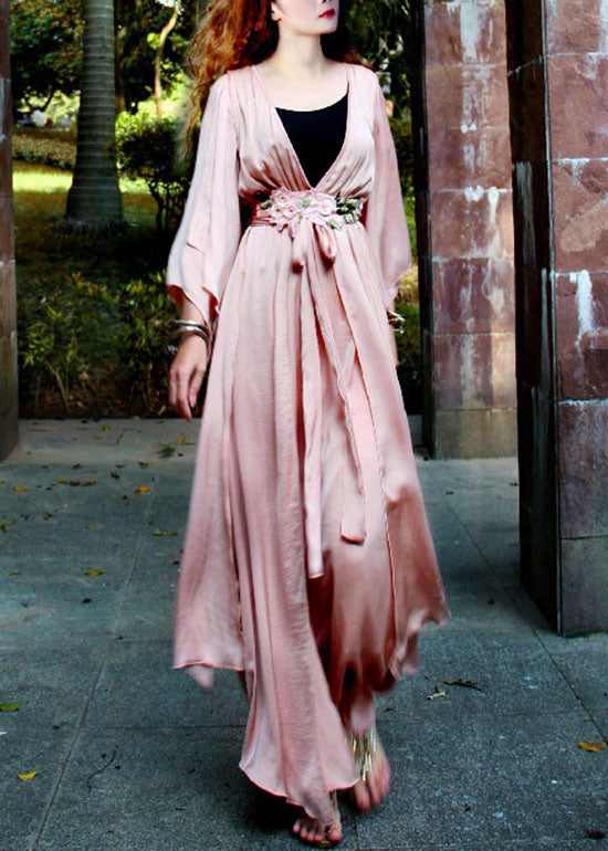 Women Light Pink V Neck Asymmetrical Exra Large Hem Silk Beach Cinch Dress Spring