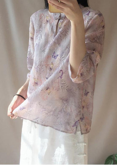 Women Light Purple Butterfly Printing Top Silhouette Stand Collar Midi Top - SooLinen