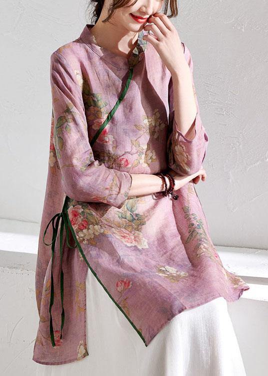Women Light Purple Print Tie Waist Asymmetrical Design Spring Summer Ramie Shirt - SooLinen
