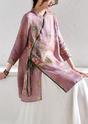 Women Light Purple Print Tie Waist Asymmetrical Design Spring Summer Ramie Shirt - SooLinen