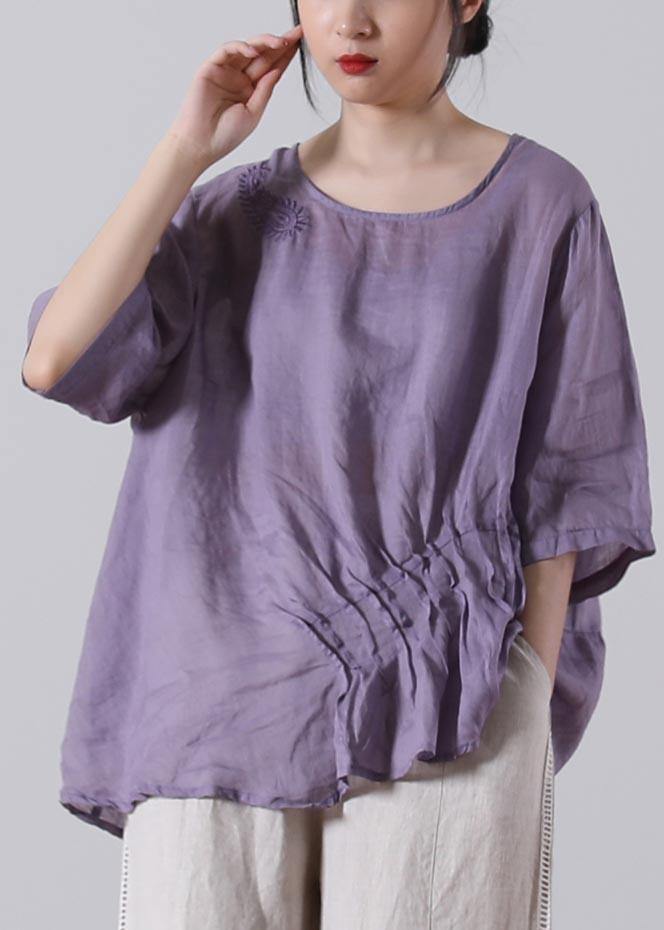 Women Light Purple asymmetrical design Cotton Linen Shirts Summer - SooLinen