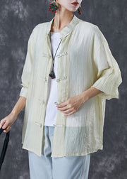 Women Light Yellow Mandarin Collar Chinese Button Wrinkled Cotton Shirt Fall