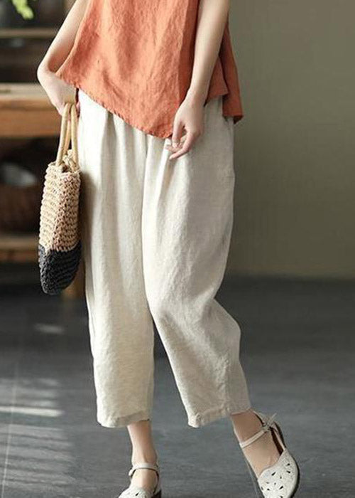 Women Linen Colour Drawstring Pockets Elastic Waist Linen Crop Pants Summer
