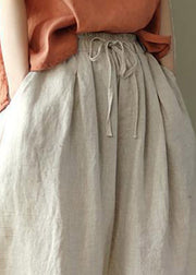 Women Linen Colour Drawstring Pockets Elastic Waist Linen Crop Pants Summer