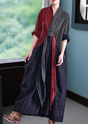 Women Long Sleeve V-neck Loose Plaid Patchwork Maxi Dress