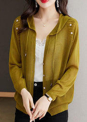 Women Matcha Colour Drawstring Solid Hooded Ice Size Knit Cardigans Long Sleeve