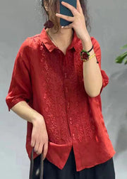 Women Mulberry Embroidered Slim Fit Linen Shirt Tops Half Sleeve