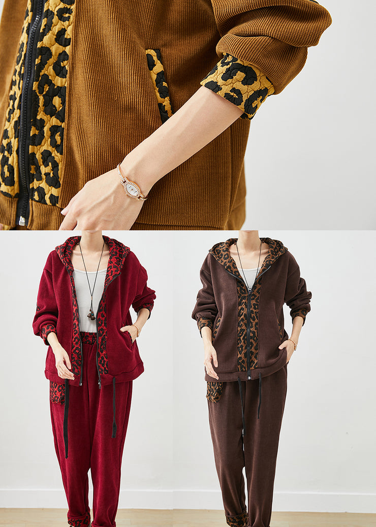 Women Mulberry Hooded Patchwork Leopard Warm Fleece Two Pieces Set Winter