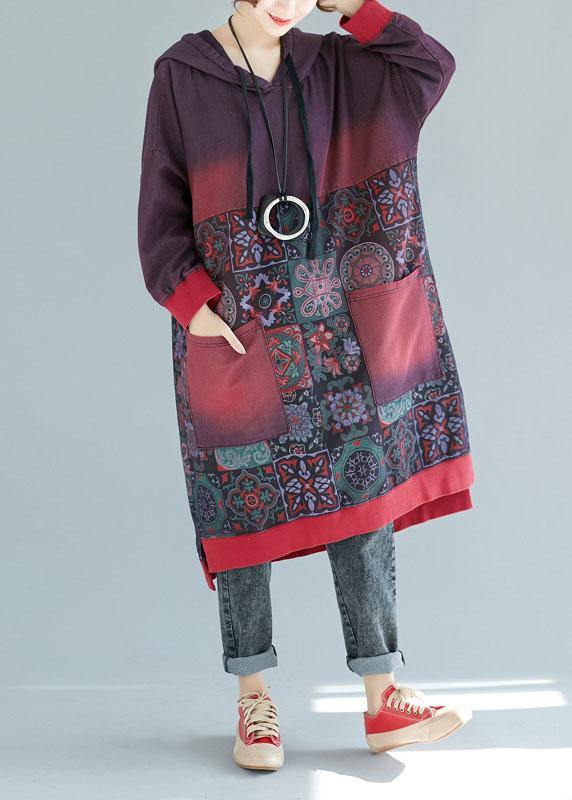 Women Mulberry Hooded Pockets Patchwork Print Fall Sweatshirts Dress - SooLinen