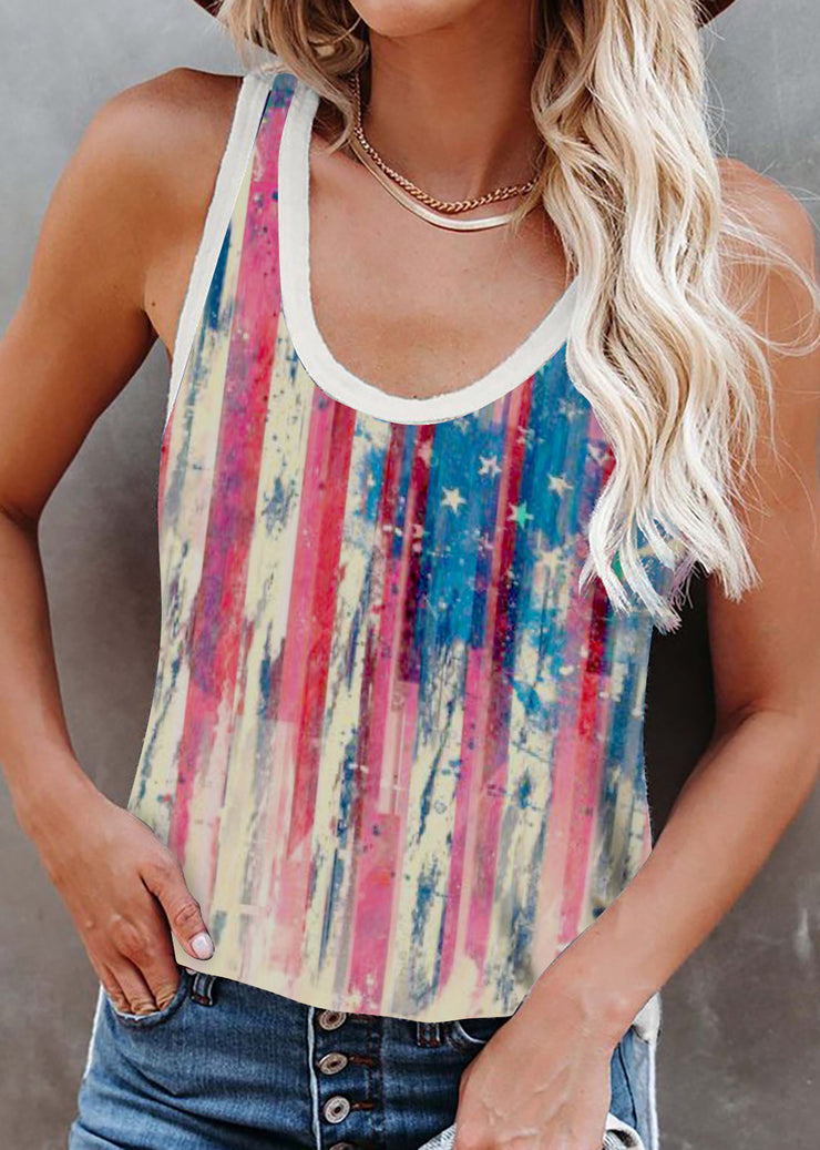 Women Mulberry O-Neck Independence Day Print Cotton Strap Tanks Sleeveless