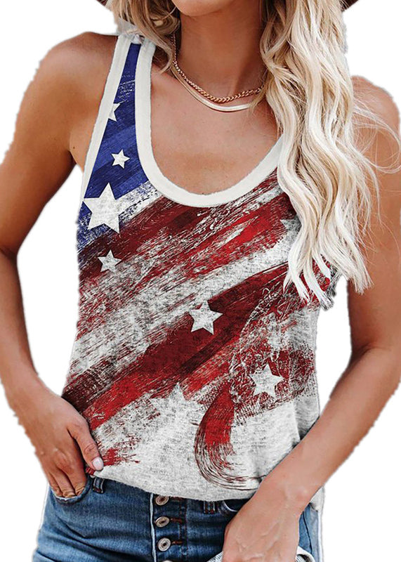 Women Mulberry O-Neck Independence Day Print Cotton Strap Tanks Sleeveless