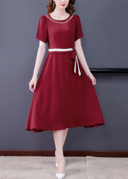 Women Mulberry O-Neck Tie Waist Exra Large Hem Silk Long Dress Short Sleeve