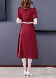 Women Mulberry O-Neck Tie Waist Exra Large Hem Silk Long Dress Short Sleeve