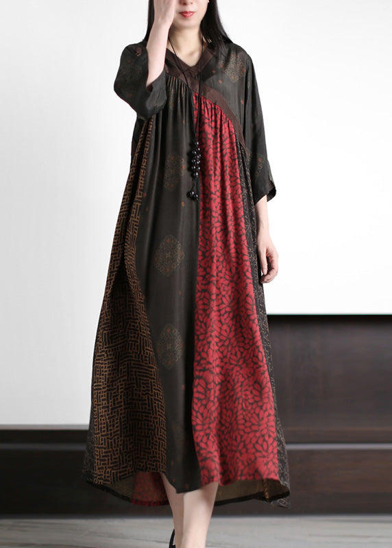 Women Mulberry Print Wrinkled Silk Long Dresses Summer